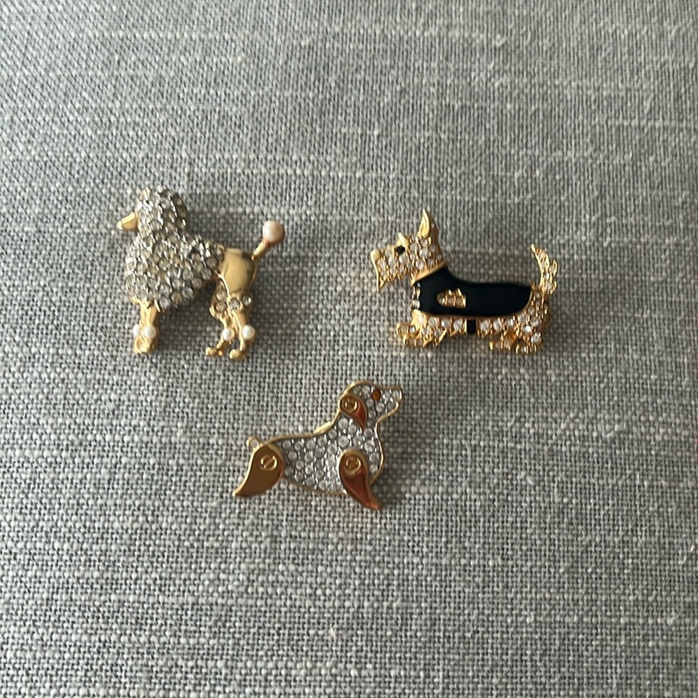 Vintage Gold Tone Pave Crystal Dog Brooches Set of 3